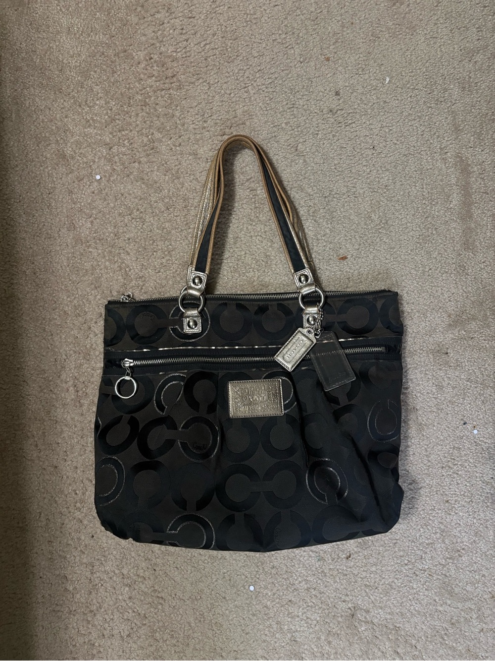 Coach Poppy Signature Op Art Glam Tote Bag Black Silver Y2K